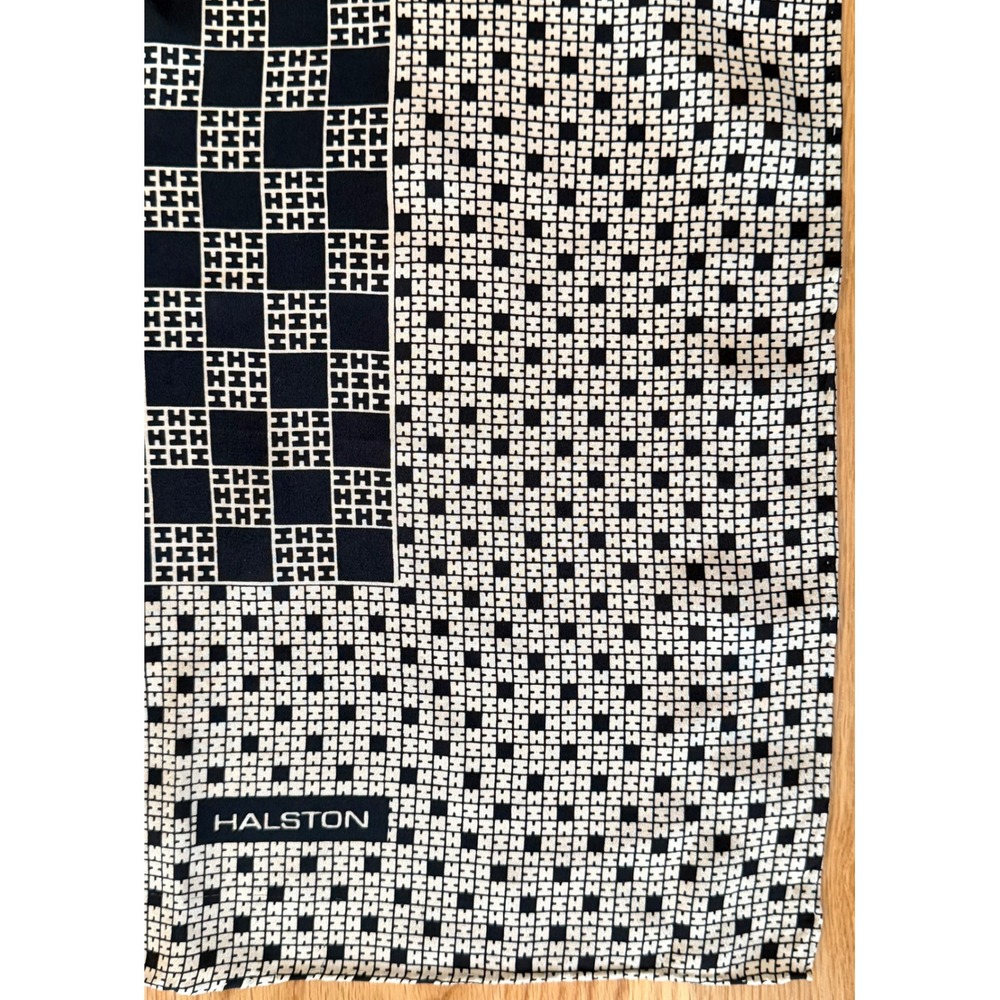 80s Vtg Halston Lifestyle 32" Black and Cream Checkerboard "H" Logo Silk Scarf